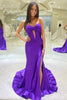 Load image into Gallery viewer, Sparkly Mermaid Dark Blue Corset Prom Dress with Slit