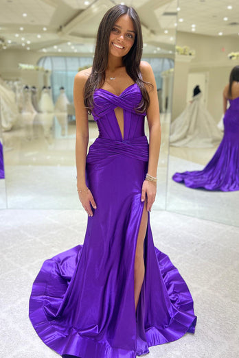 Sparkly Mermaid Dark Blue Corset Prom Dress with Slit