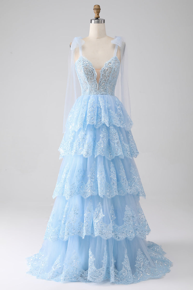 Load image into Gallery viewer, Dark Blue Sweetheart Bow Tie Straps Tiered Tulle Sequin Prom Dress with Appliques