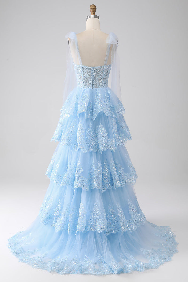 Load image into Gallery viewer, Dark Blue Sweetheart Bow Tie Straps Tiered Tulle Sequin Prom Dress with Appliques