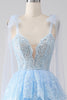 Load image into Gallery viewer, Dark Blue Sweetheart Bow Tie Straps Tiered Tulle Sequin Prom Dress with Appliques