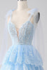 Load image into Gallery viewer, Dark Blue Sweetheart Bow Tie Straps Tiered Tulle Sequin Prom Dress with Appliques