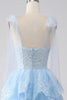 Load image into Gallery viewer, Dark Blue Sweetheart Bow Tie Straps Tiered Tulle Sequin Prom Dress with Appliques