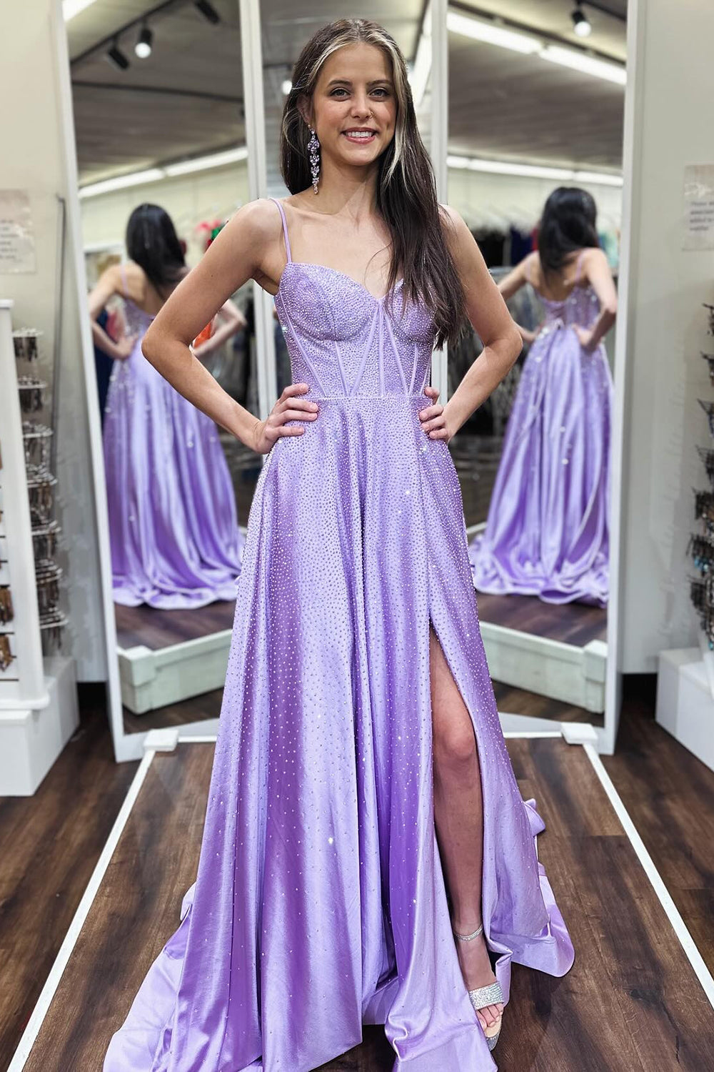 Sparkly Lilac Corset A-Line Long Prom Dresses with Rhinestones