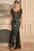 Load image into Gallery viewer, Green Golden Sheath V Neck Sequins Long 1920s Flapper Dress with Fringes