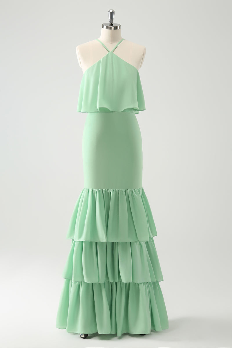 Load image into Gallery viewer, Green Chiffon Mermaid Halter Tiered Long Bridesmaid Dress