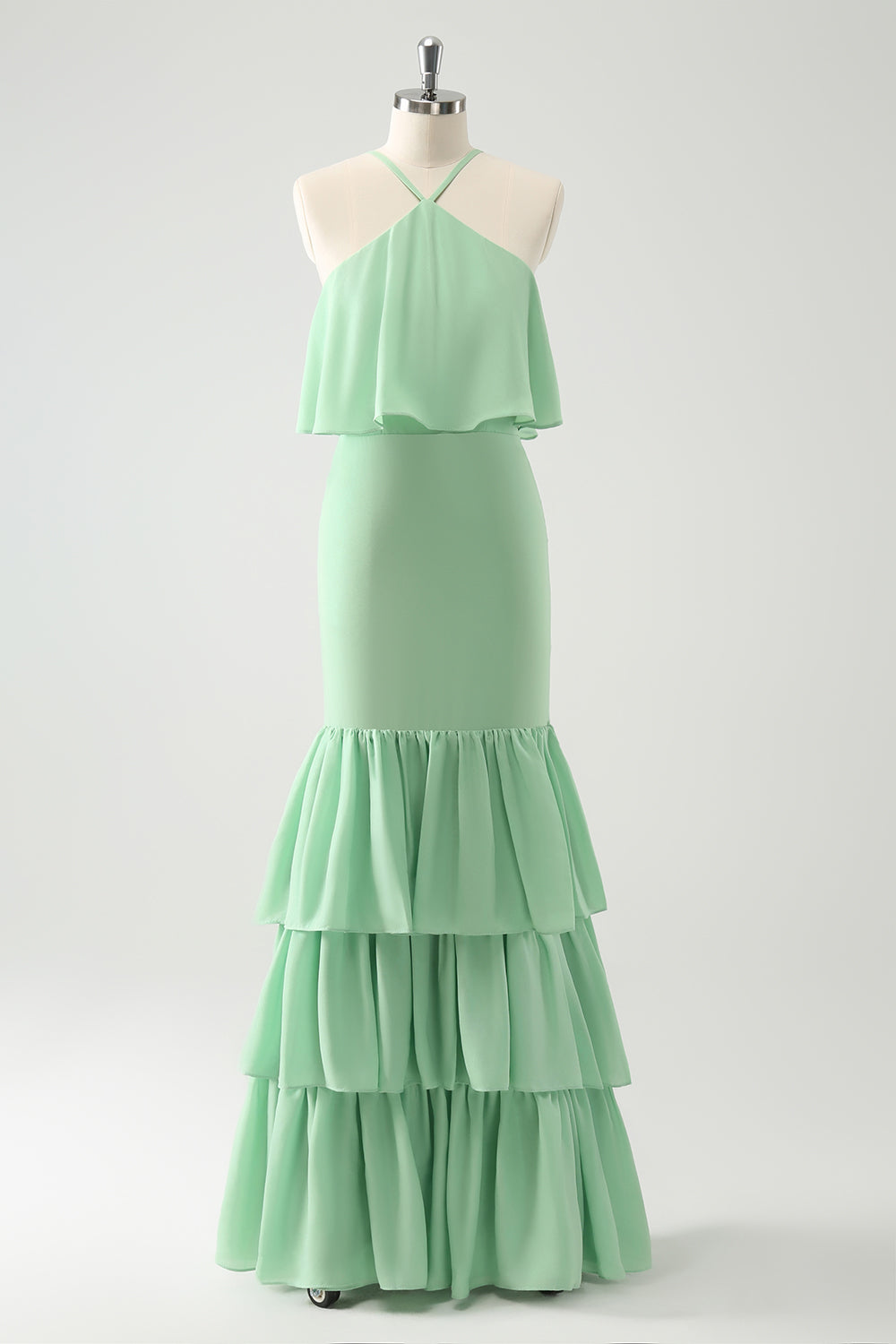 Green Chiffon Mermaid Halter Tiered Long Bridesmaid Dress