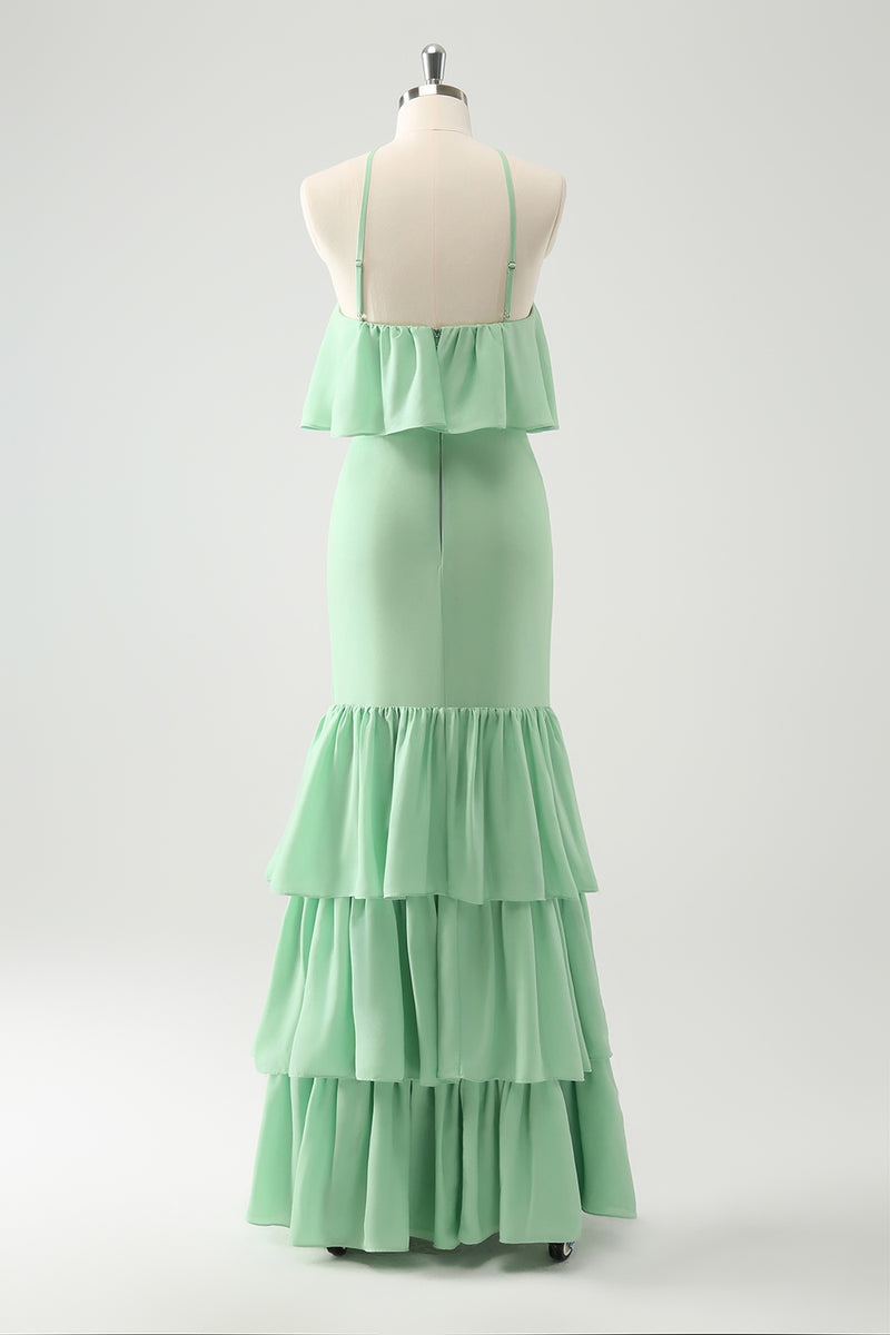 Load image into Gallery viewer, Green Chiffon Mermaid Halter Tiered Long Bridesmaid Dress