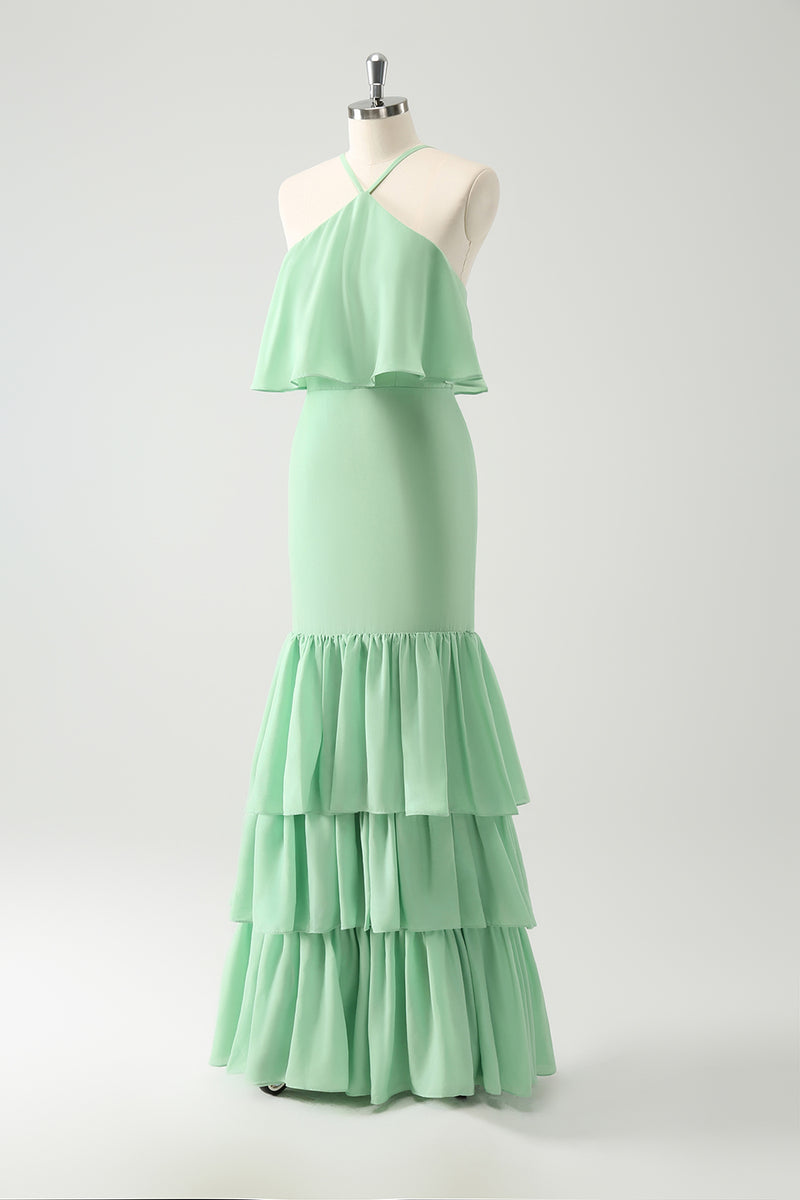 Load image into Gallery viewer, Green Chiffon Mermaid Halter Tiered Long Bridesmaid Dress