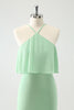 Load image into Gallery viewer, Green Chiffon Mermaid Halter Tiered Long Bridesmaid Dress