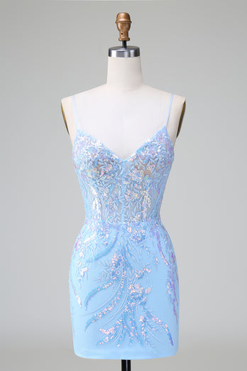 Sparkly Blue Sequined Embroideries Tight Short Prom Dress