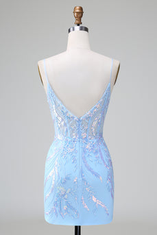 Sparkly Blue Sequined Embroideries Tight Short Prom Dress