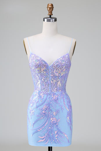 Sparkly Blue Sequined Embroideries Tight Short Prom Dress