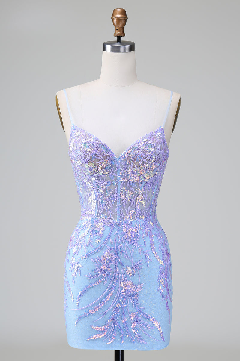 Load image into Gallery viewer, Sparkly Blue Sequined Embroideries Tight Short Prom Dress