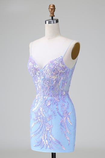 Sparkly Blue Sequined Embroideries Tight Short Prom Dress