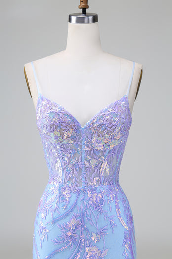 Sparkly Blue Sequined Embroideries Tight Short Prom Dress