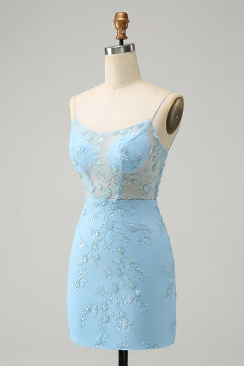 Glitter Blue Tight Beaded Flowers Spaghetti Straps Party Dress