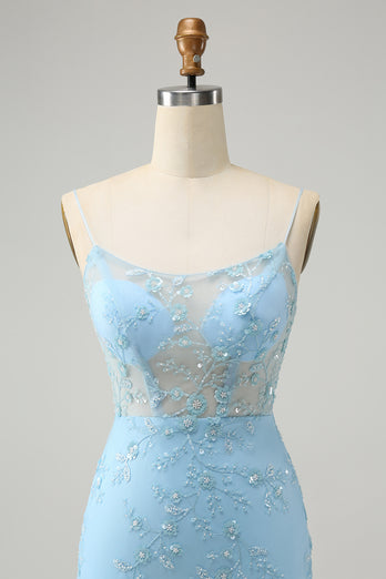 Glitter Blue Tight Beaded Flowers Spaghetti Straps Party Dress