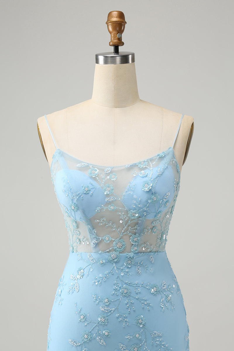 Load image into Gallery viewer, Glitter Blue Tight Beaded Flowers Spaghetti Straps Party Dress