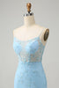 Load image into Gallery viewer, Glitter Blue Tight Beaded Flowers Spaghetti Straps Party Dress