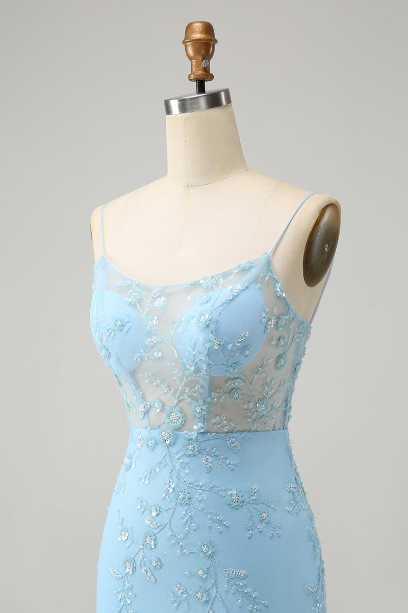 Load image into Gallery viewer, Glitter Blue Tight Beaded Flowers Spaghetti Straps Party Dress