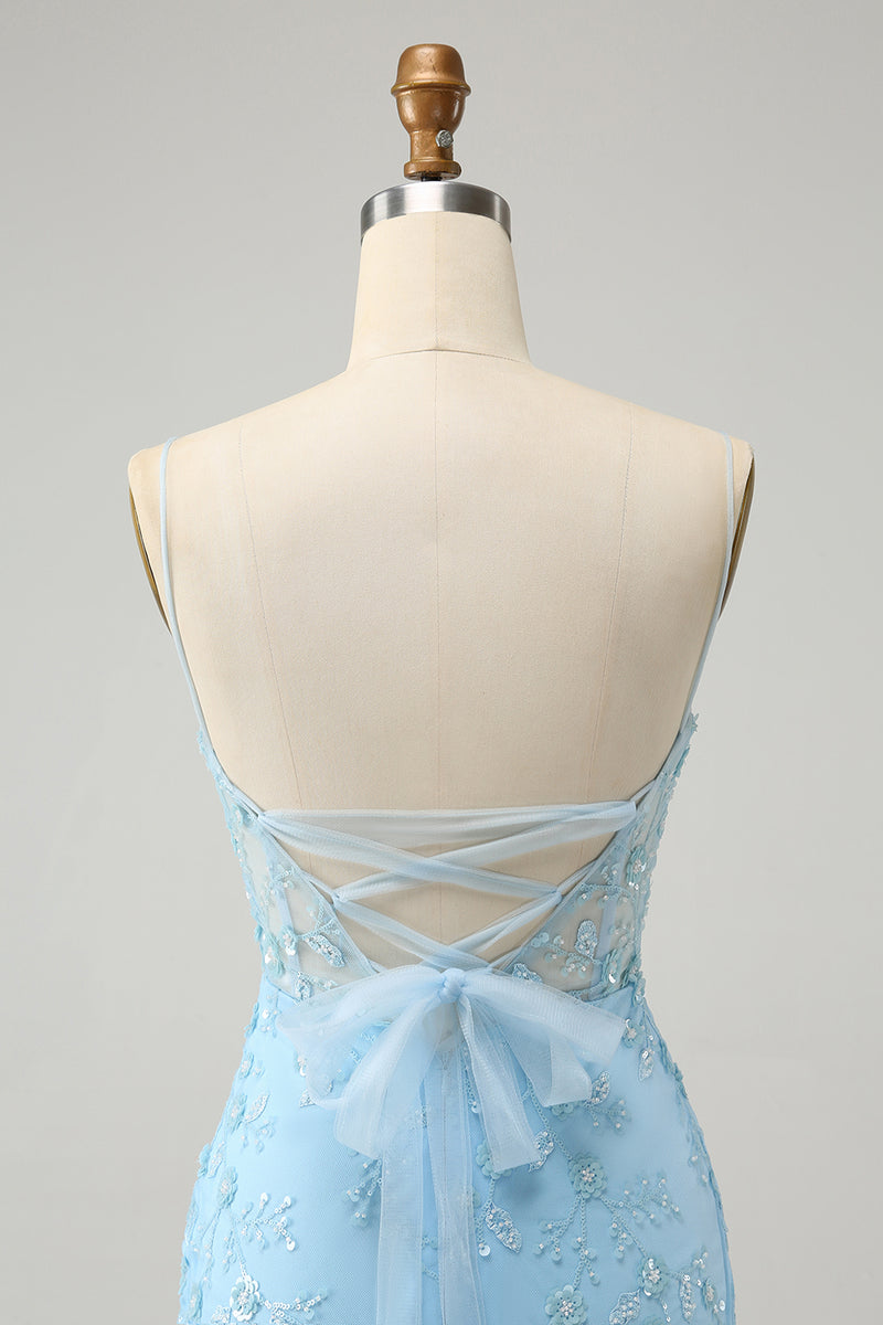 Load image into Gallery viewer, Glitter Blue Tight Beaded Flowers Spaghetti Straps Party Dress