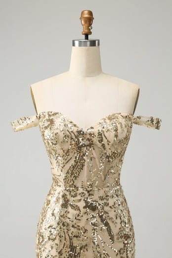 Glitter Golden Tight Corset Off-the-Shoulder Party Dress