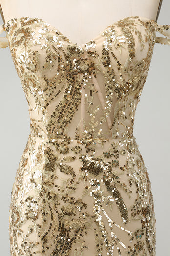 Glitter Golden Tight Corset Off-the-Shoulder Party Dress