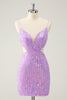 Load image into Gallery viewer, Glitter Purple Sequined Spaghetti Straps Tight Short Prom Dress