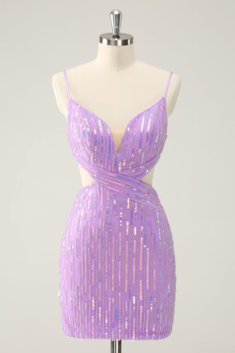 Glitter Purple Sequined Spaghetti Straps Tight Short Prom Dress