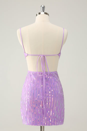 Glitter Purple Sequined Spaghetti Straps Tight Short Prom Dress