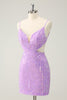 Load image into Gallery viewer, Glitter Purple Sequined Spaghetti Straps Tight Short Prom Dress