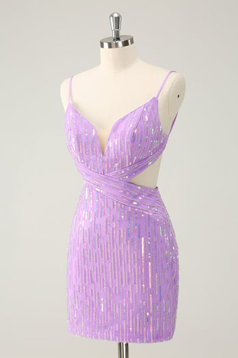 Glitter Purple Sequined Spaghetti Straps Tight Short Prom Dress