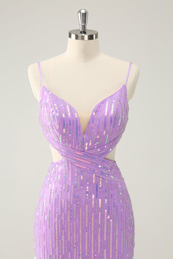 Glitter Purple Sequined Spaghetti Straps Tight Short Prom Dress