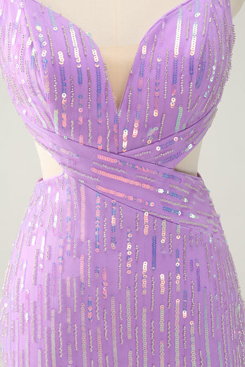 Glitter Purple Sequined Spaghetti Straps Tight Short Prom Dress