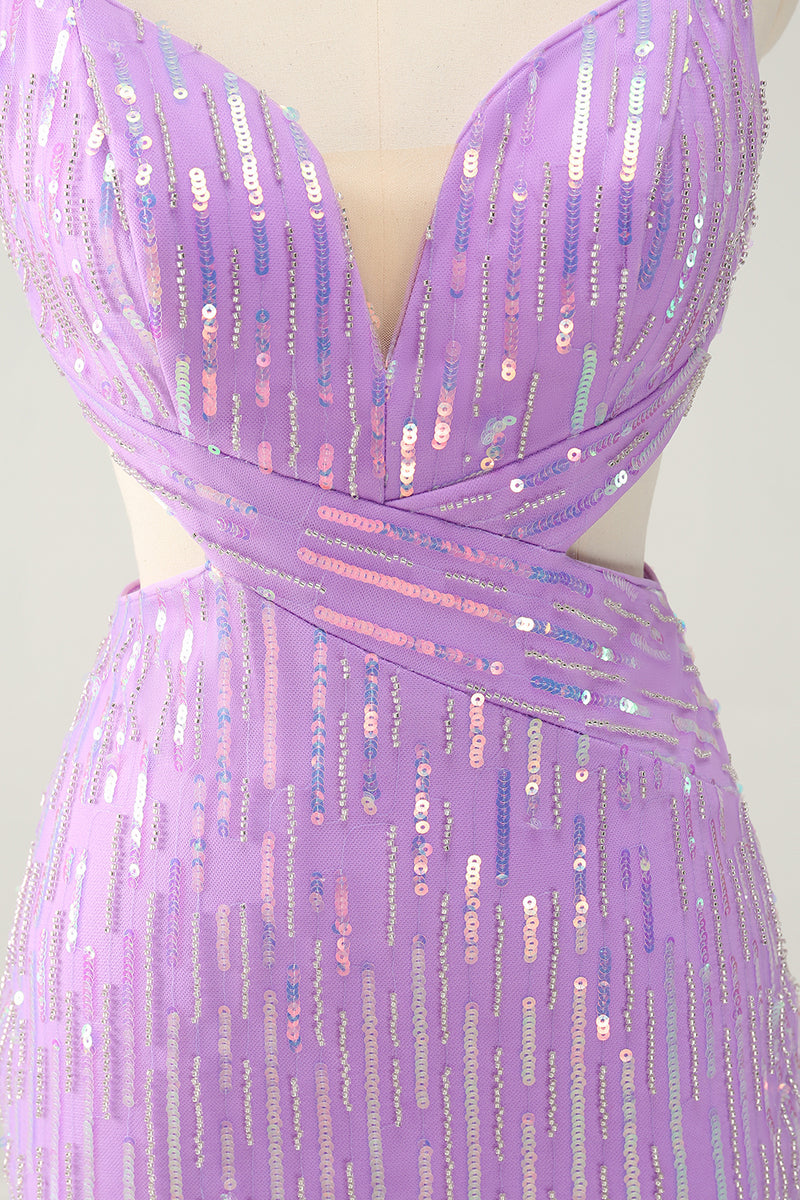 Load image into Gallery viewer, Glitter Purple Sequined Spaghetti Straps Tight Short Prom Dress