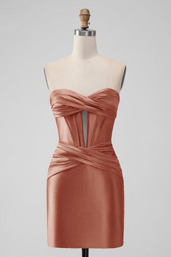 Copper Strapless Satin Bodycon Short Prom Dress