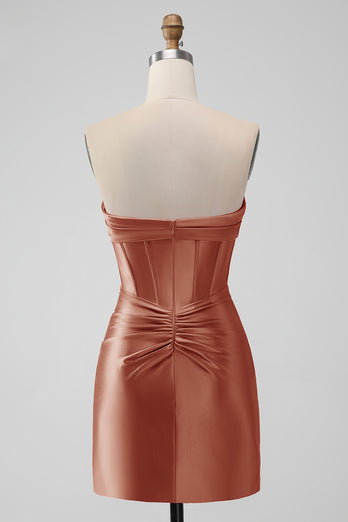 Copper Strapless Satin Bodycon Short Prom Dress