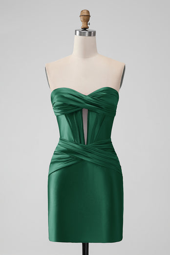 Dark Green Strapless Satin Tight Short Prom Dress