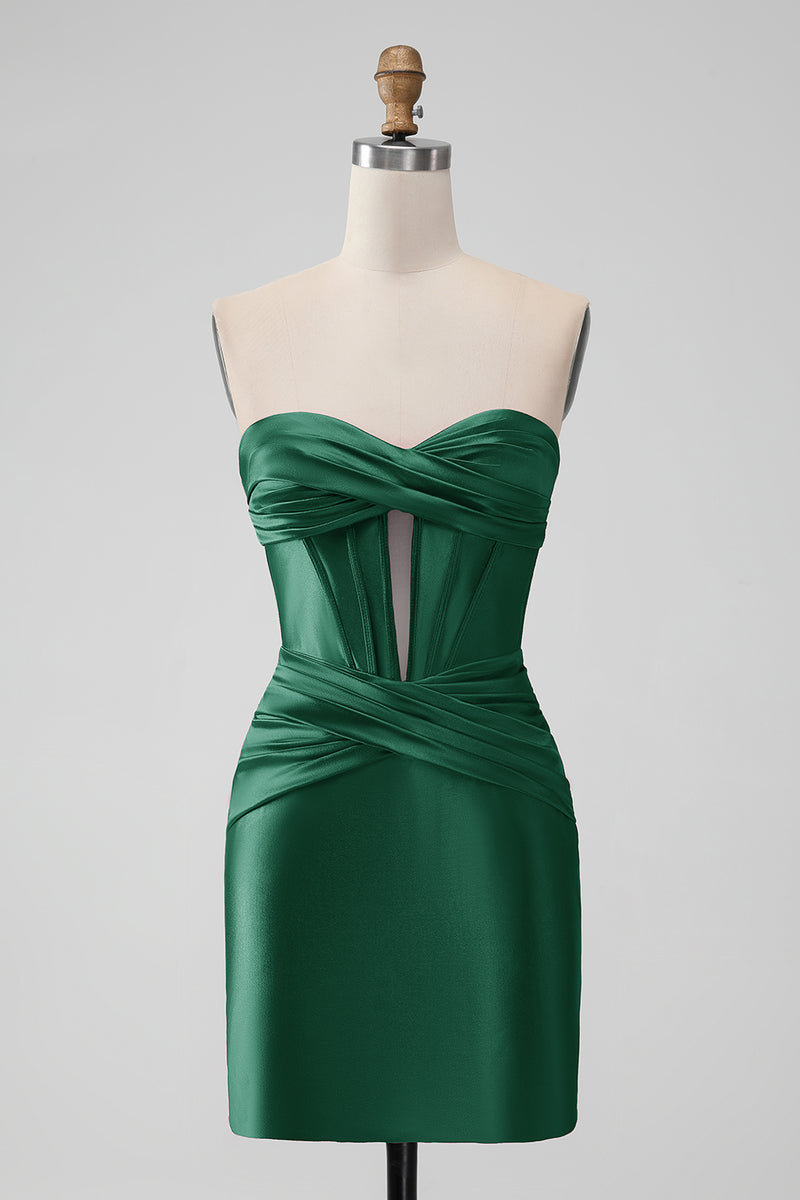 Load image into Gallery viewer, Dark Green Strapless Satin Tight Short Prom Dress