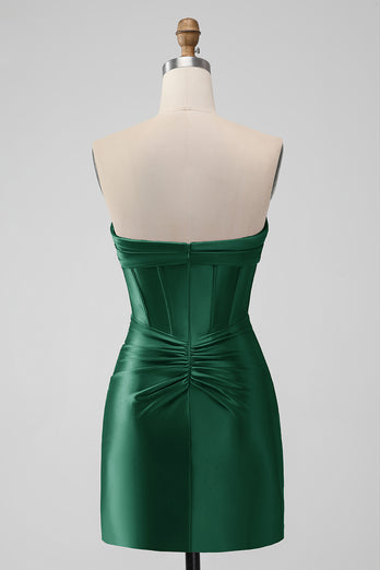 Dark Green Strapless Satin Tight Short Prom Dress