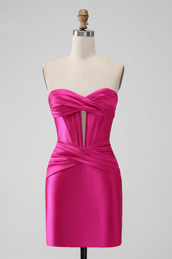 Fuchsia Strapless Satin Bodycon Short Prom Dress