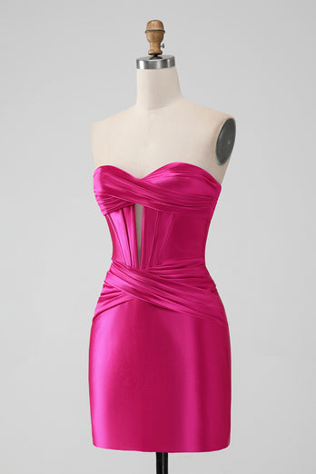 Fuchsia Strapless Satin Bodycon Short Prom Dress