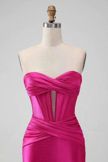 Fuchsia Strapless Satin Bodycon Short Prom Dress