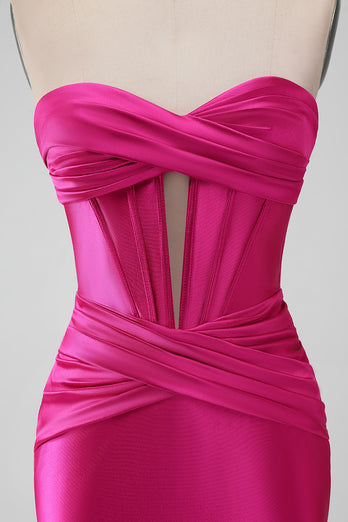 Fuchsia Strapless Satin Bodycon Short Prom Dress