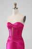 Load image into Gallery viewer, Fuchsia Strapless Satin Bodycon Short Prom Dress