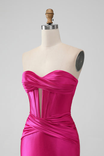 Fuchsia Strapless Satin Bodycon Short Prom Dress