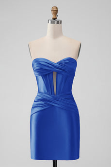 Royal Blue Strapless Satin Tight Short Prom Dress