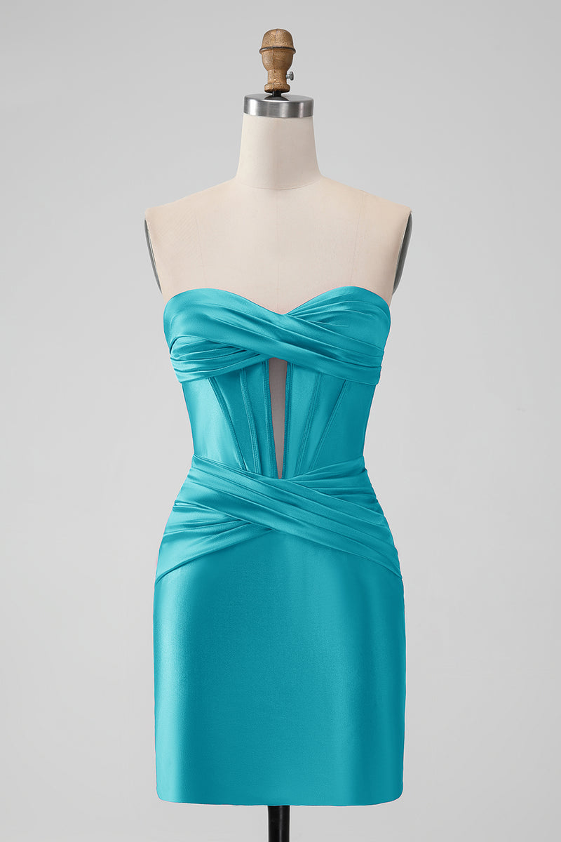 Load image into Gallery viewer, Dark Green Strapless Satin Tight Short Prom Dress