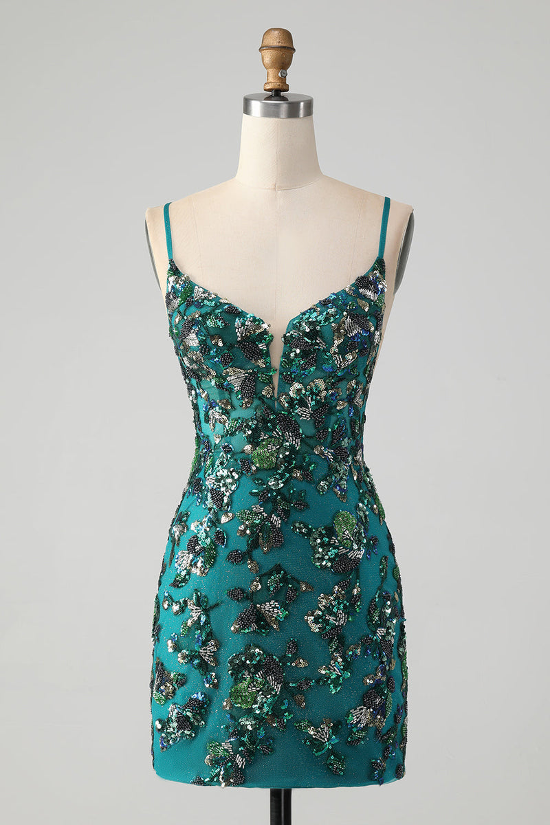 Load image into Gallery viewer, Sparkly Dark Green Beaded Sequins Bodycon Party Dress